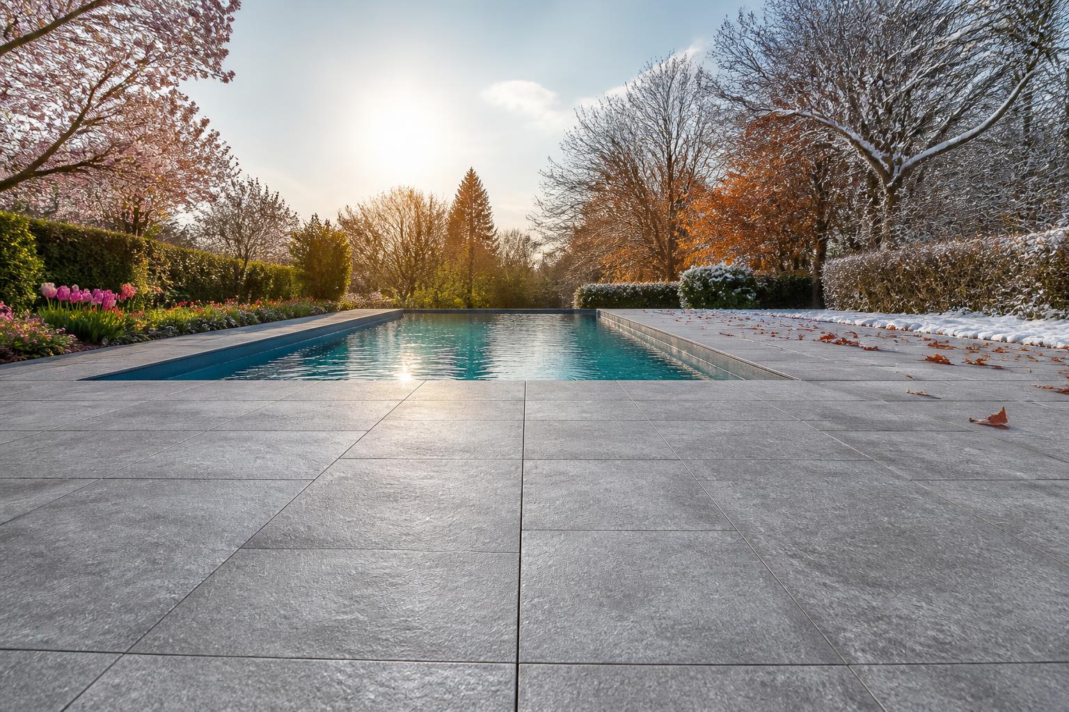 découvrez pourquoi le carrelage gris est idéal pour votre piscine, offrant une résistance exceptionnelle face aux défis saisonniers comme les variations de température, l'humidité et l'usure.
