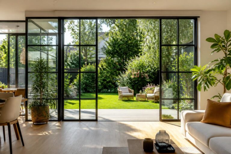 découvrez les avantages d'une verrière atelier pour créer une connexion lumineuse et élégante entre votre salon et votre jardin, alliant style industriel et convivialité.