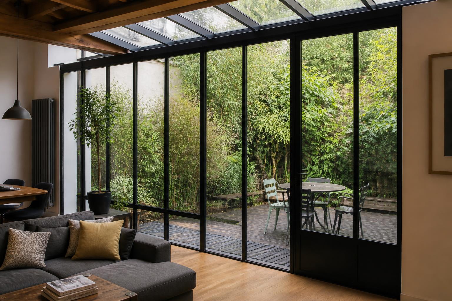 découvrez pourquoi une verrière atelier est l'élément idéal pour connecter votre salon au jardin, apportant luminosité, style industriel et une transition harmonieuse entre intérieur et extérieur.