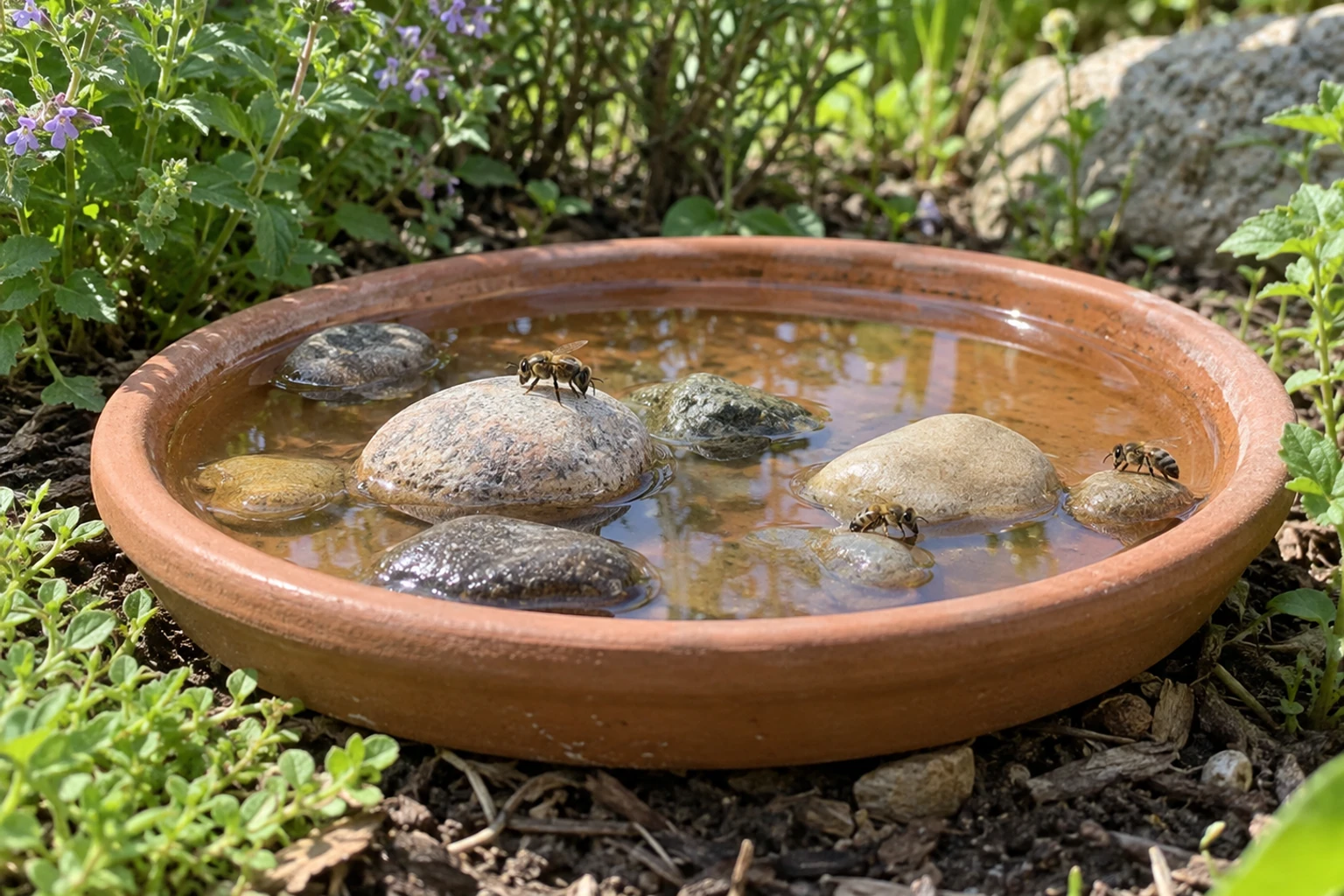 Abreuvoir en terre rempli d'eau avec galets, plusieurs abeilles posées et buvant