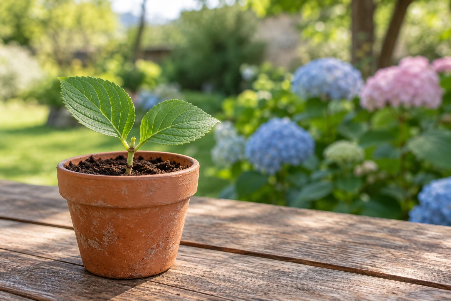 Jeune bouture d'hortensia en pot en terre cuite sur table en bois, jardin arrière