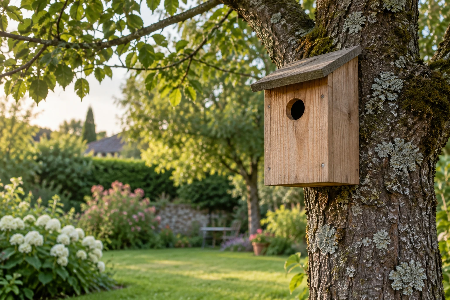 Nichoir en bois fixé sur tronc d'arbre dans jardin fleuri au coucher de soleil