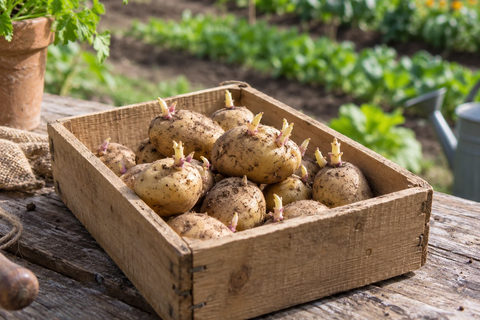 Pommes de terre germées sales dans une caisse en bois posée sur une table de jardin