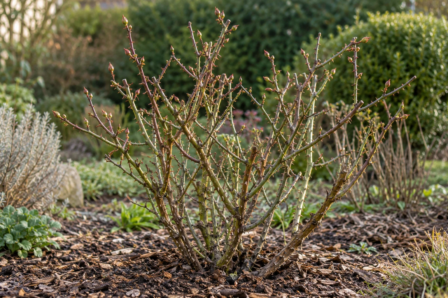 Buisson de rosier taillé au sol, branches nues avec bourgeons et paillis autour